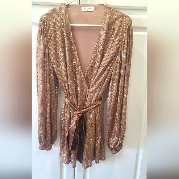 Sequin Shiny Sparkling Champaign Wrap Dress From THE POST, Size M - Picture 3 of 6